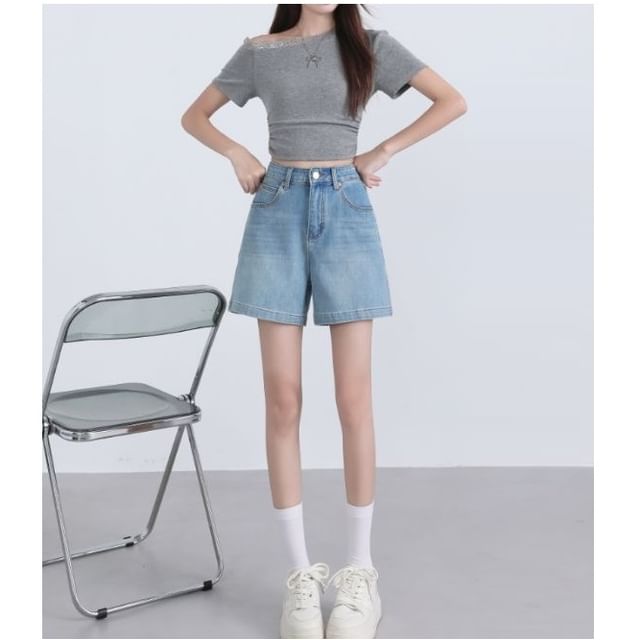 Denimot-High Waist Washed Denim Shorts