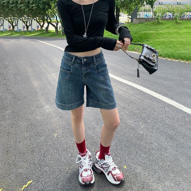 Denimot-High Waist Washed Denim Shorts