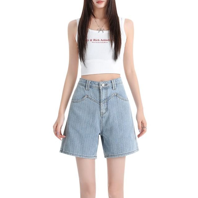 Denimot-High Waist Washed Denim Shorts