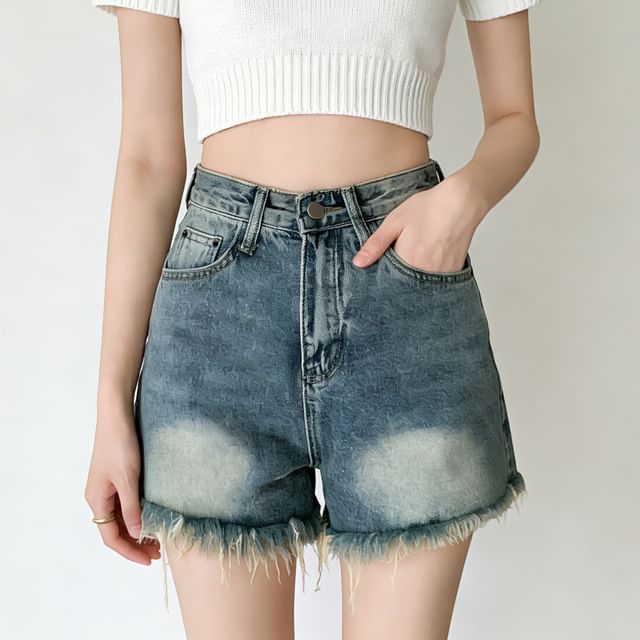 Denimot-Short taille haute en jean délavé et effiloché