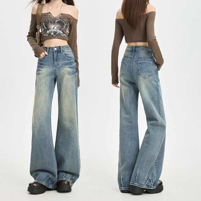 Denimot-High Waist Washed Flared Jeans Various Designs