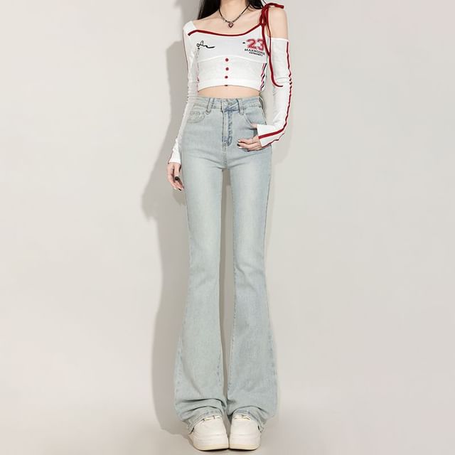 Denimot-High Waist Washed Flared Jeans Various Designs