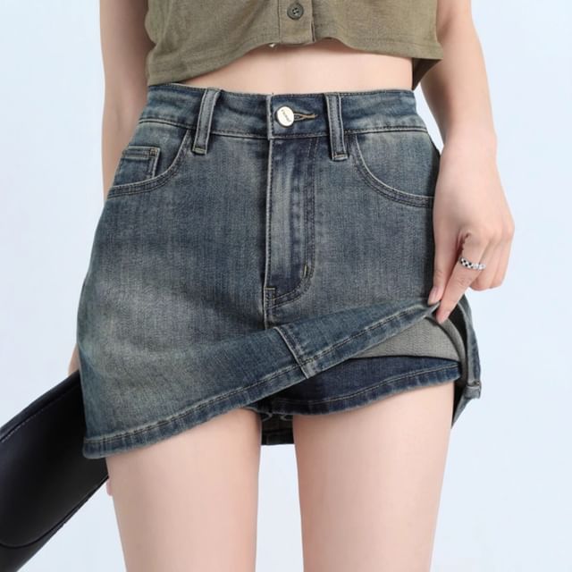 Denimot-High Waist Washed Mini Denim Skort