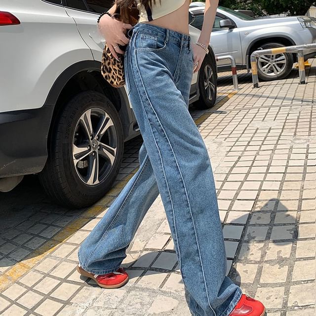 Denimot-High Waist Washed Straight Leg Jeans
