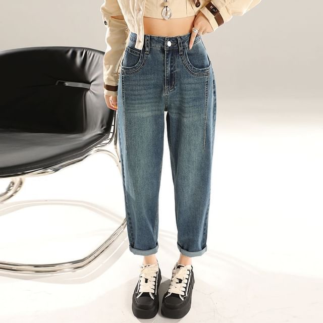 Denimot-High Waist Washed Tapered Jeans