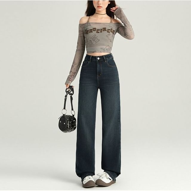 Denimot-High Waist Washed Wide Leg Jeans