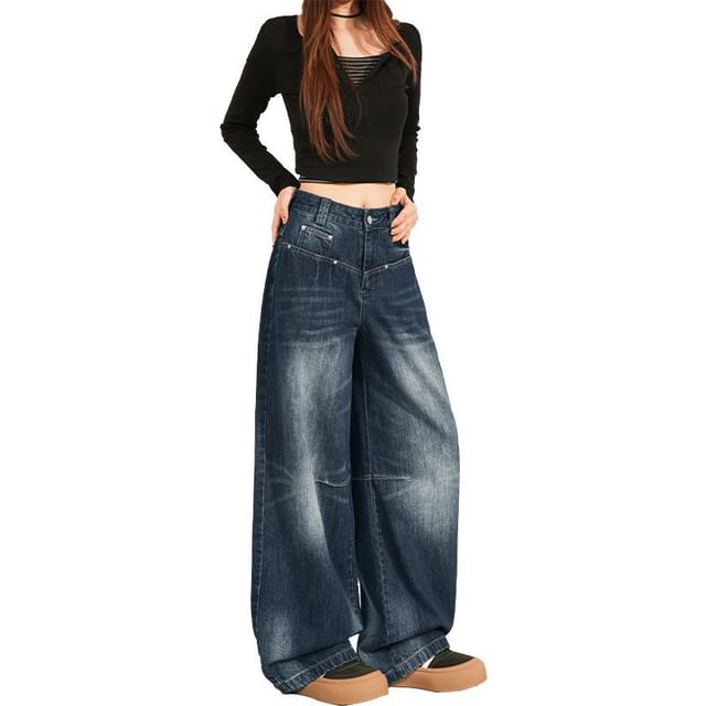 Denimot-High Waist Washed Wide Leg Jeans Various Designs