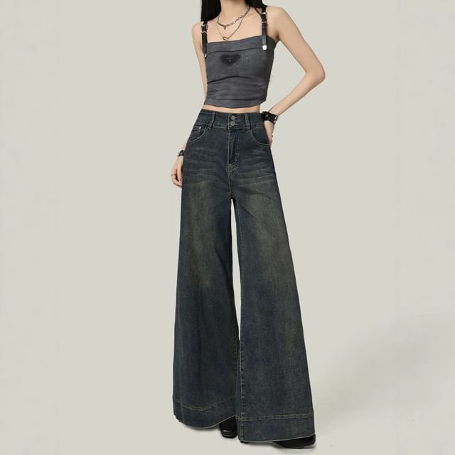 Denimot-High Waist Washed Wide Leg Jeans