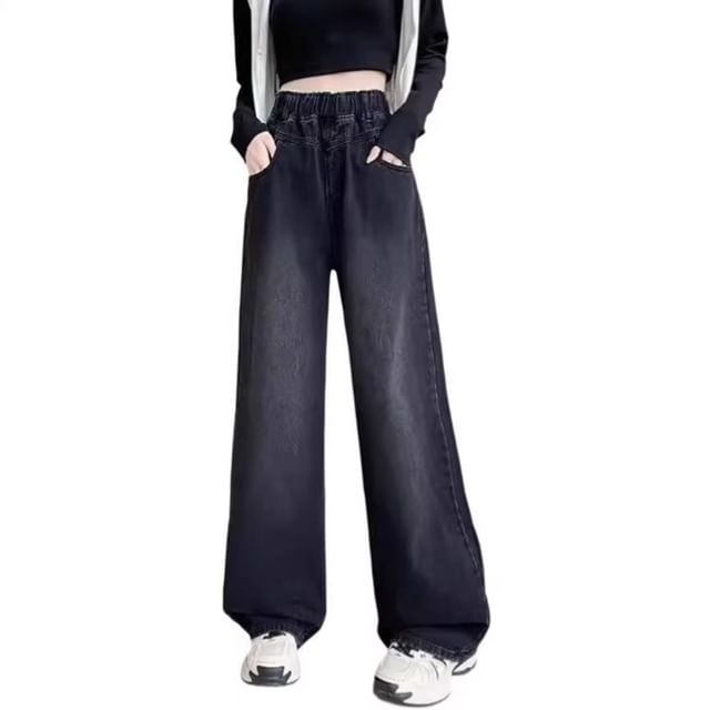 Denimot-High Waist Washed Wide Leg Jeans