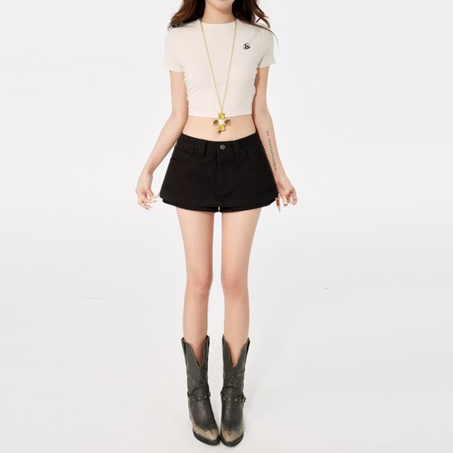 Denimot-Low Rise Plain Zip Slit Denim Mini Pencil Skort