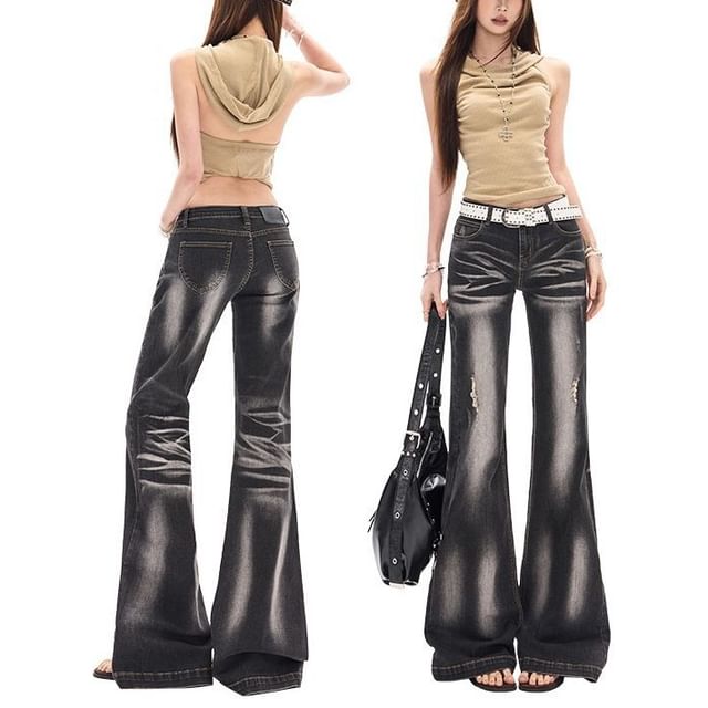 Denimot-Low Rise Washed Distressed Flared Jeans Various Designs