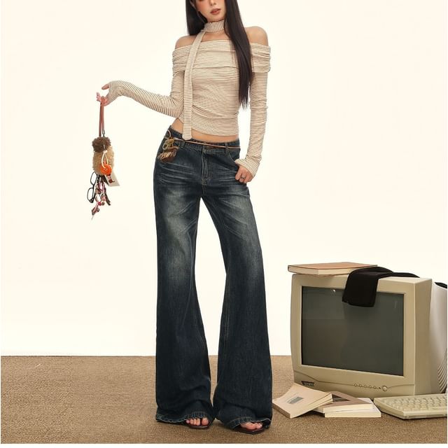 Denimot-Low Rise Washed Flared Jeans Various Designs