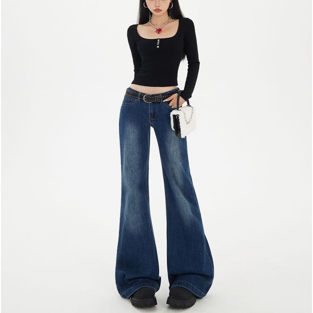 Denimot-Low Rise Washed Flared Jeans Various Designs