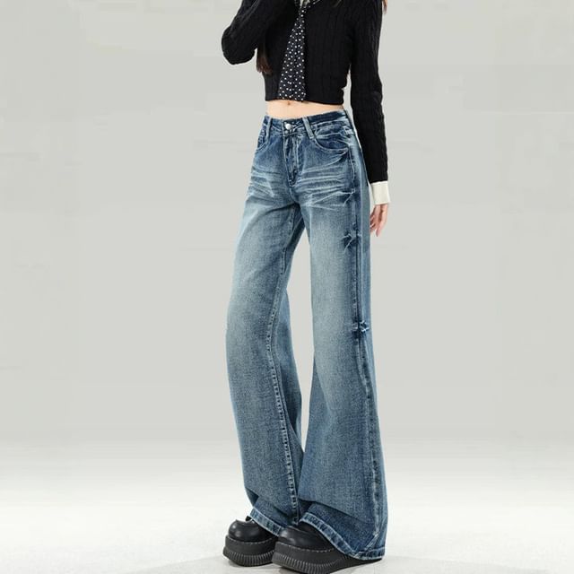 Denimot-Low Rise Washed Flared Jeans