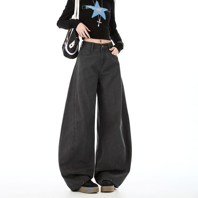 Denimot-Low Rise Washed Wide Leg Jeans