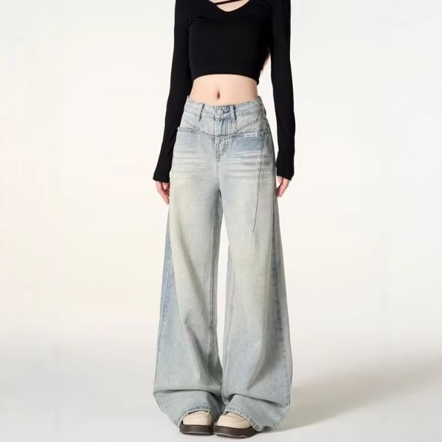 Denimot-Low Rise Washed Wide Leg Jeans