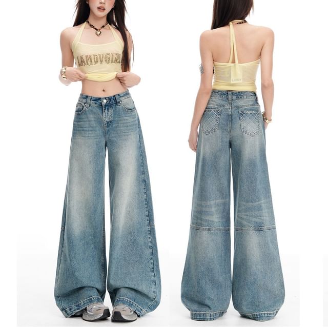 Denimot-Low Rise Washed Wide Leg Jeans