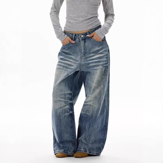 Denimot-Low Rise Washed Wide Leg Jeans