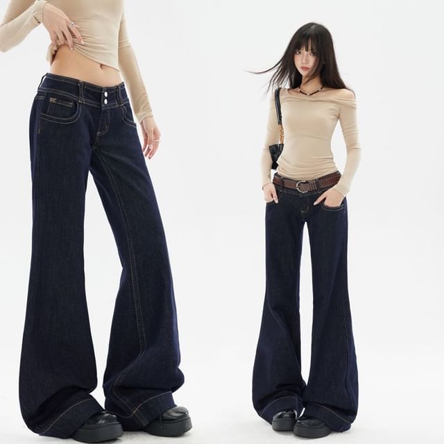Denimot-Low Waist Contrast Stitching Flared Jeans Various Designs
