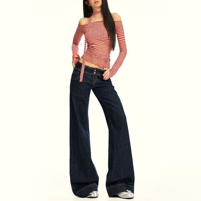 Denimot-Low Waist Contrast Stitching Flared Jeans Various Designs