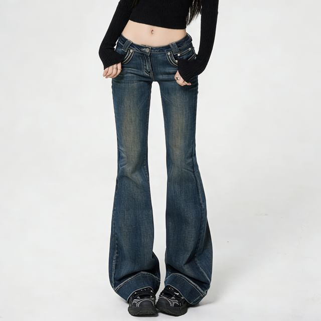 Denimot-Low Waist Washed Flared Jeans Various Designs