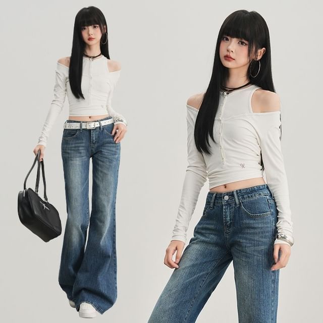 Denimot-Low Waist Washed Flared Jeans Various Designs