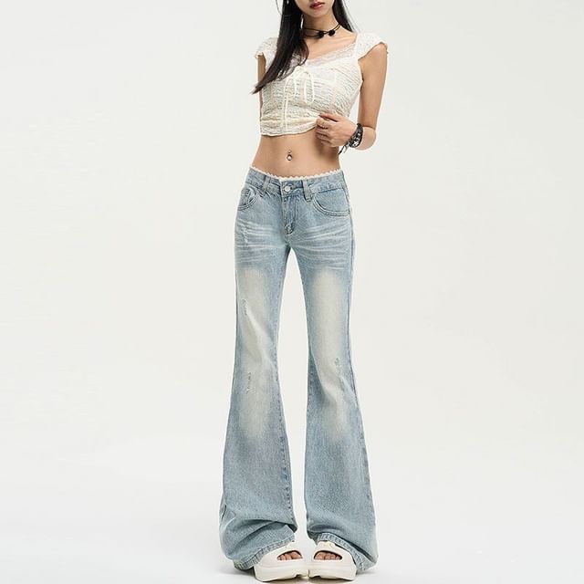 Denimot-Low Waist Washed Flared Jeans