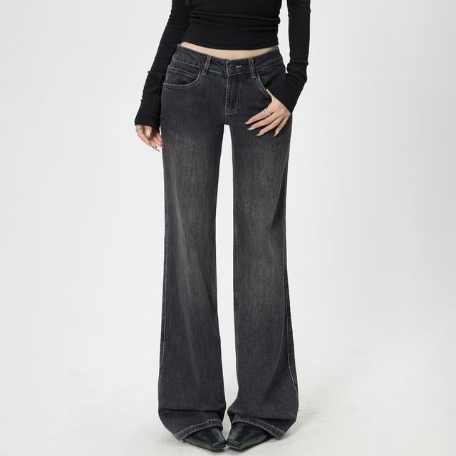 Denimot-Low Waist Washed Regular Fit Bootcut Jeans