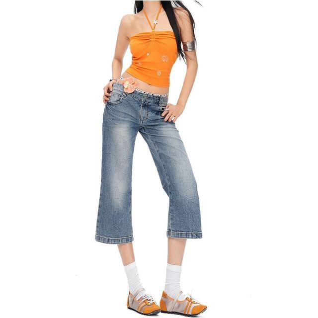 Denimot-Low Waist Washed Slim Fit Bootcut Jorts