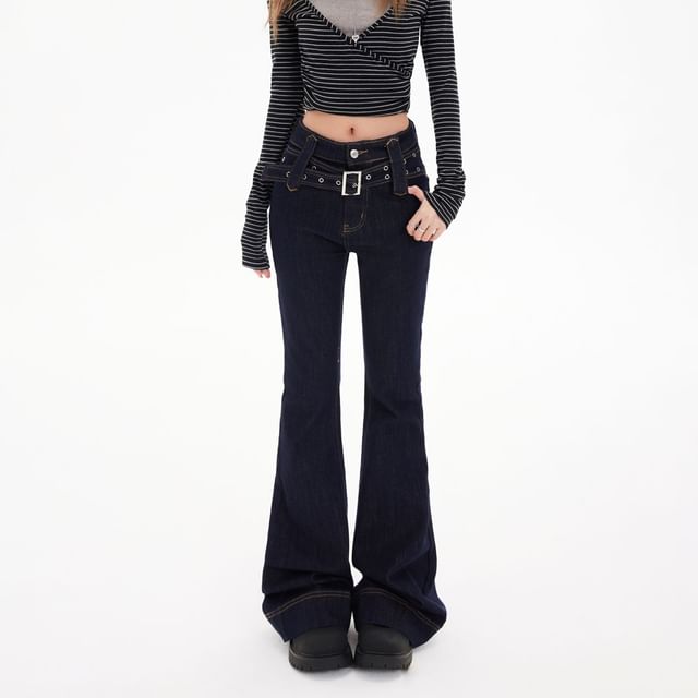 Denimot-Mid Rise Contrast Stitching Flared Jeans Various Designs