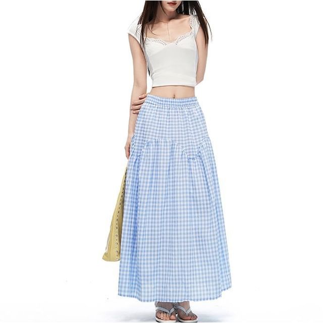 Denimot-Mid Rise Gingham Maxi A-Line Skirt