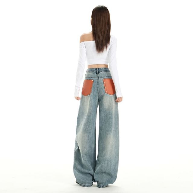 Denimot-Mid Rise Patchwork Washed Distressed Wide Leg Jeans Various Designs