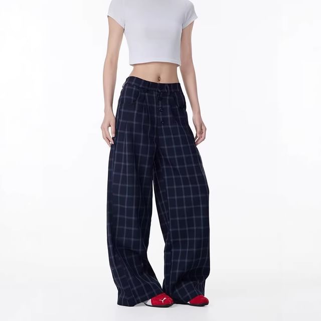 Denimot-Mid Rise Plaid Button Fly Wide Leg Pants