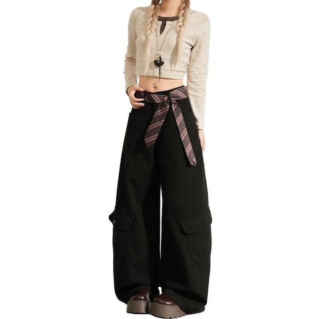 Denimot-Mid Rise Plain Baggy Cargo Pants Various Designs
