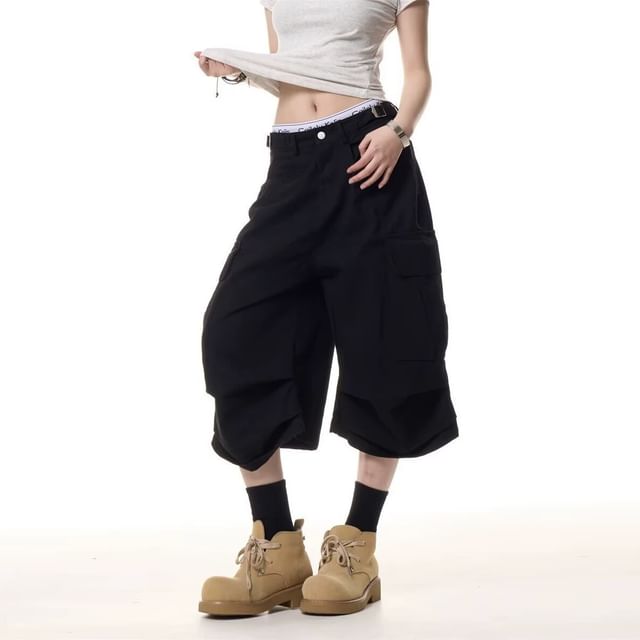 Denimot-Mid Rise Plain Capri Wide Leg Cargo Pants