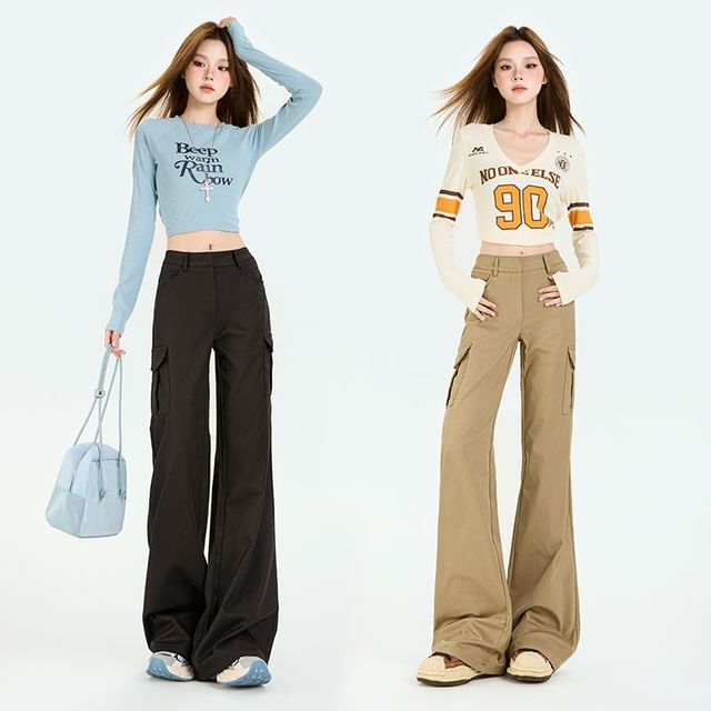 Denimot-Mid Rise Plain Flared Cargo Pants Various Designs