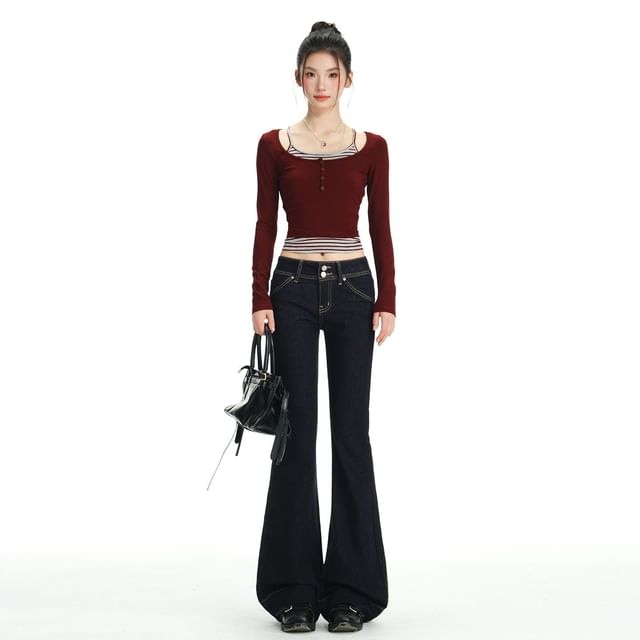 Denimot-Mid Rise Plain Flared Jeans Various Designs