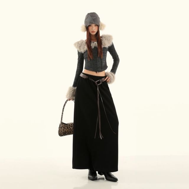 Denimot-Mid Rise Plain Maxi A-Line Skirt
