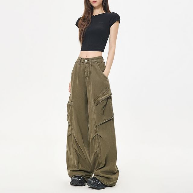 Denimot-Mid Rise Plain Wide Leg Cargo Jeans