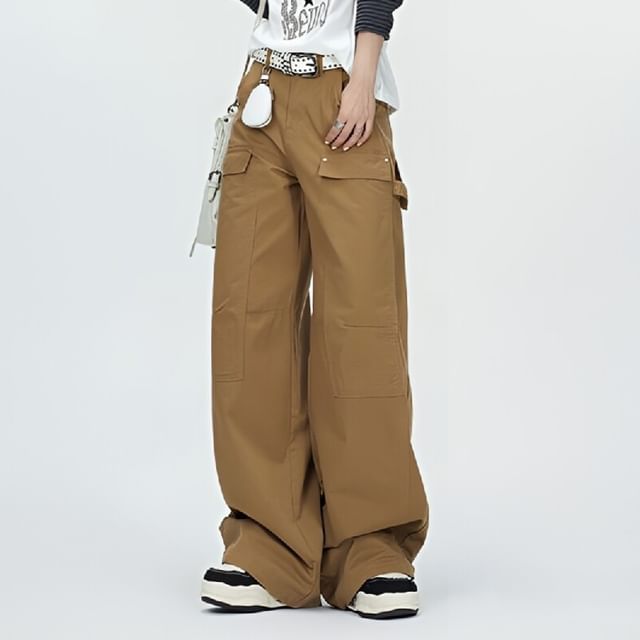 Denimot-Mid Rise Plain Wide Leg Cargo Pants