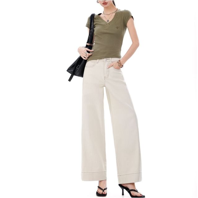 Denimot-Mid Rise Plain Wide Leg Jeans
