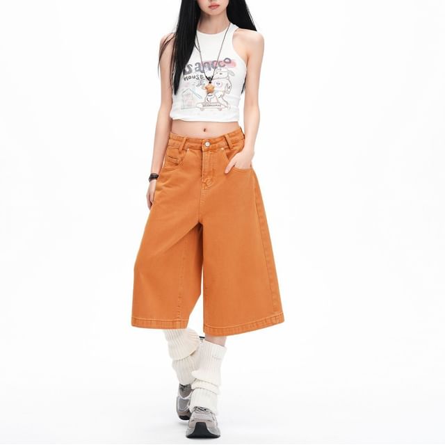 Denimot-Mid Rise Plain Wide Leg Jorts