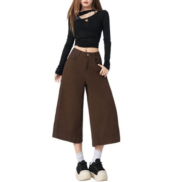Denimot-Mid Rise Plain Wide Leg Jorts
