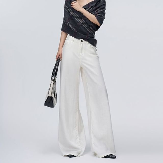 Denimot-Mid Rise Plain Wide Leg Pants