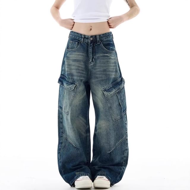 Denimot-Mid Rise Washed Baggy Cargo Jeans