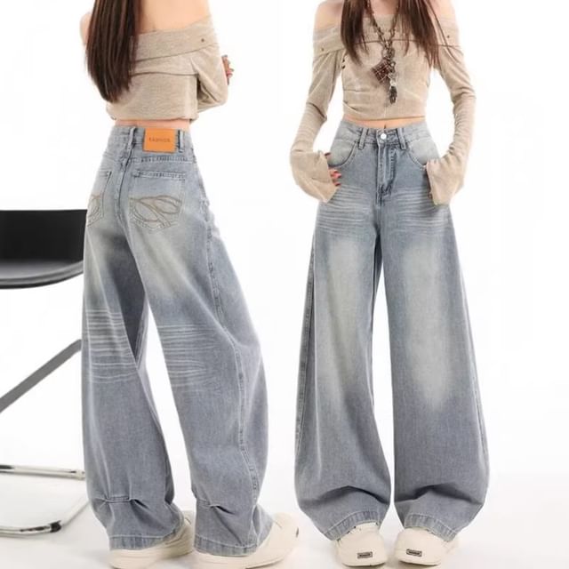Denimot-Mid Rise Washed Baggy Jeans