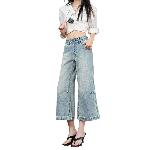 Denimot-Mid Rise Washed Crop Flared Jeans