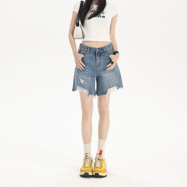 Denimot-Mid Rise Washed Distressed Shorts