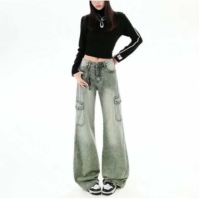 Denimot-Mid Rise Washed Flared Cargo Jeans Various Designs