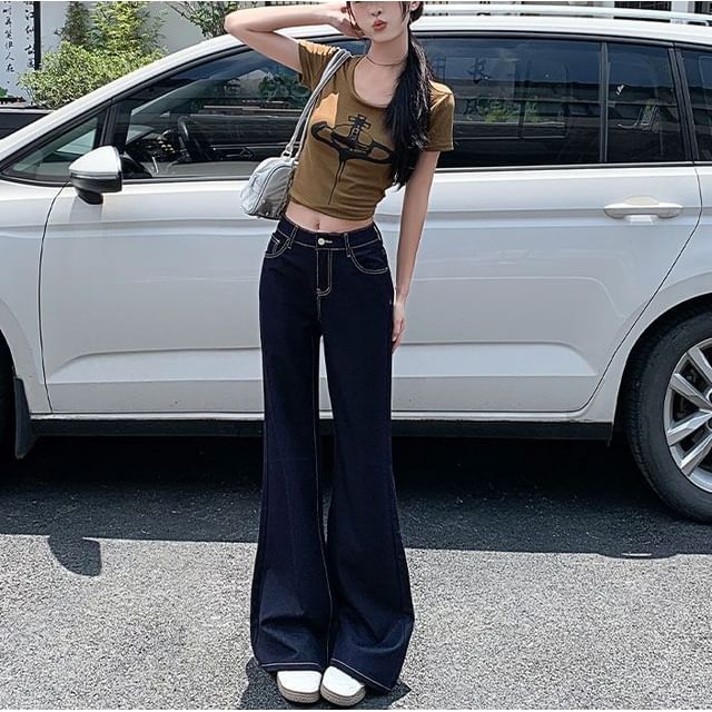 Denimot-Mid Rise Washed Flared Jeans Various Designs